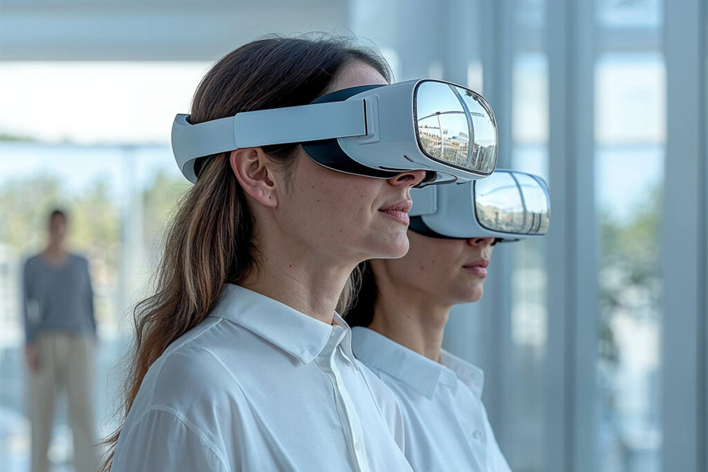 A team member introduces a client to virtual reality enhanced data