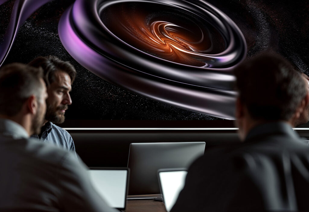 a meeting about the challenges in a company, with the goal of guiding the company to the future - illustrated by a futuristic background to the meeting.