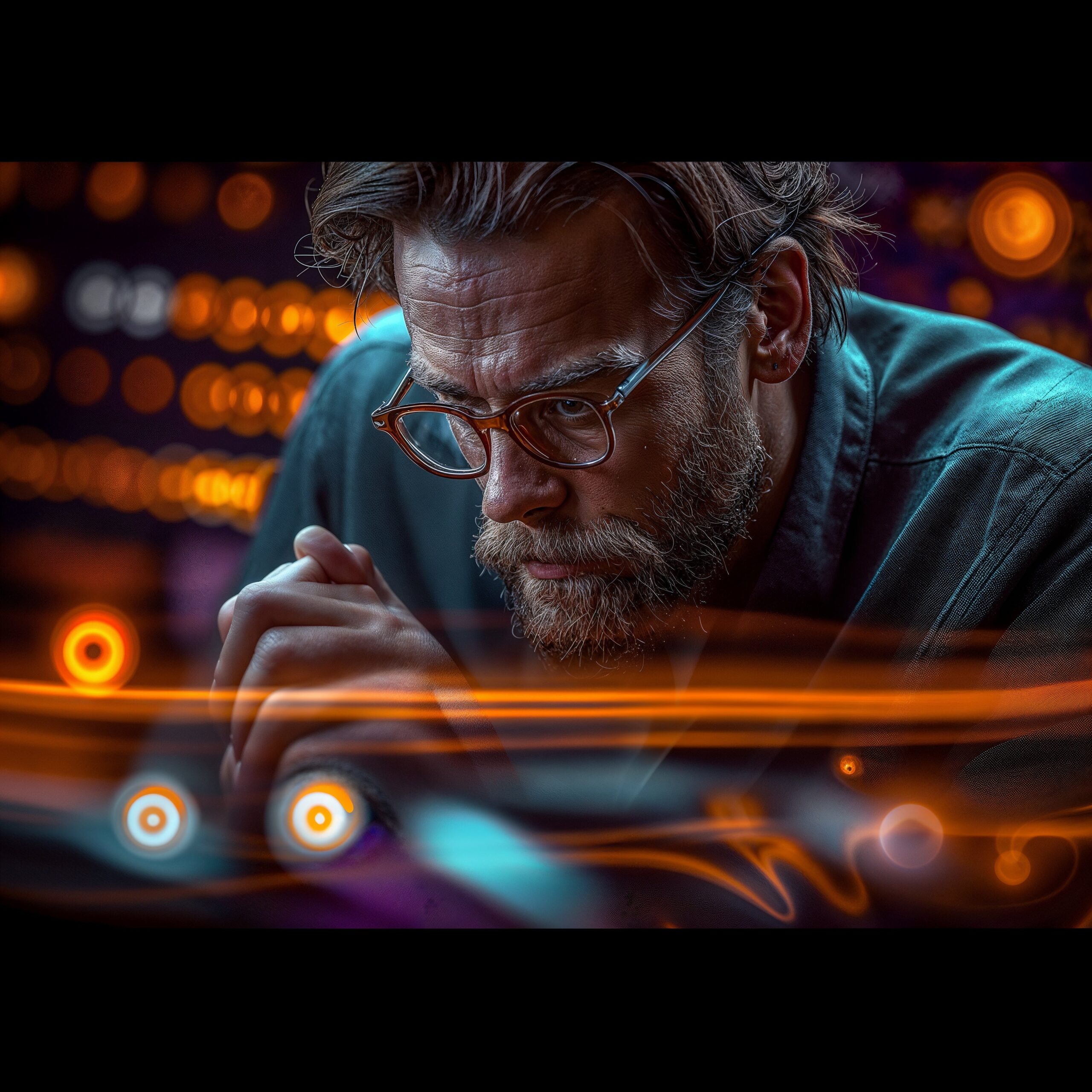 A close-up of a pensive man with a beard and glasses, deeply focused on his work against a backdrop of out-of-focus digital lights and bokeh effects.