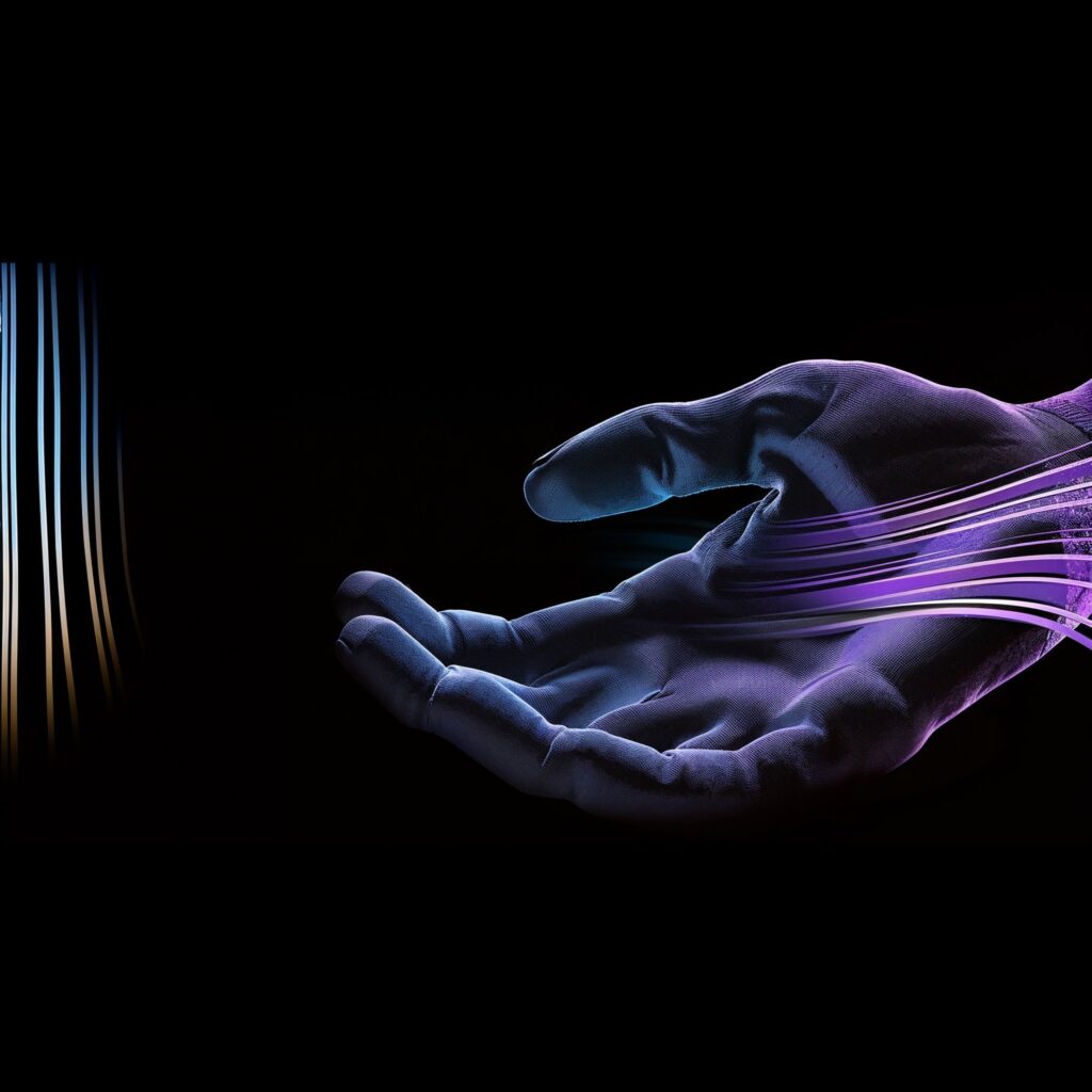 A human hand with visible digital lines streaming across, set against a dark background with purple light accents.