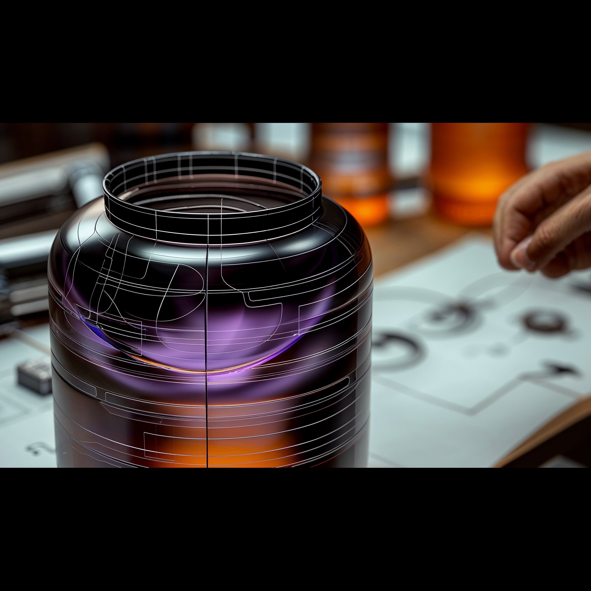 A futuristic, cylindrical device with purple and black hues and white design grid lines on its surface, sits atop a desk with translucent design schematics being examined by a person in the foreground.