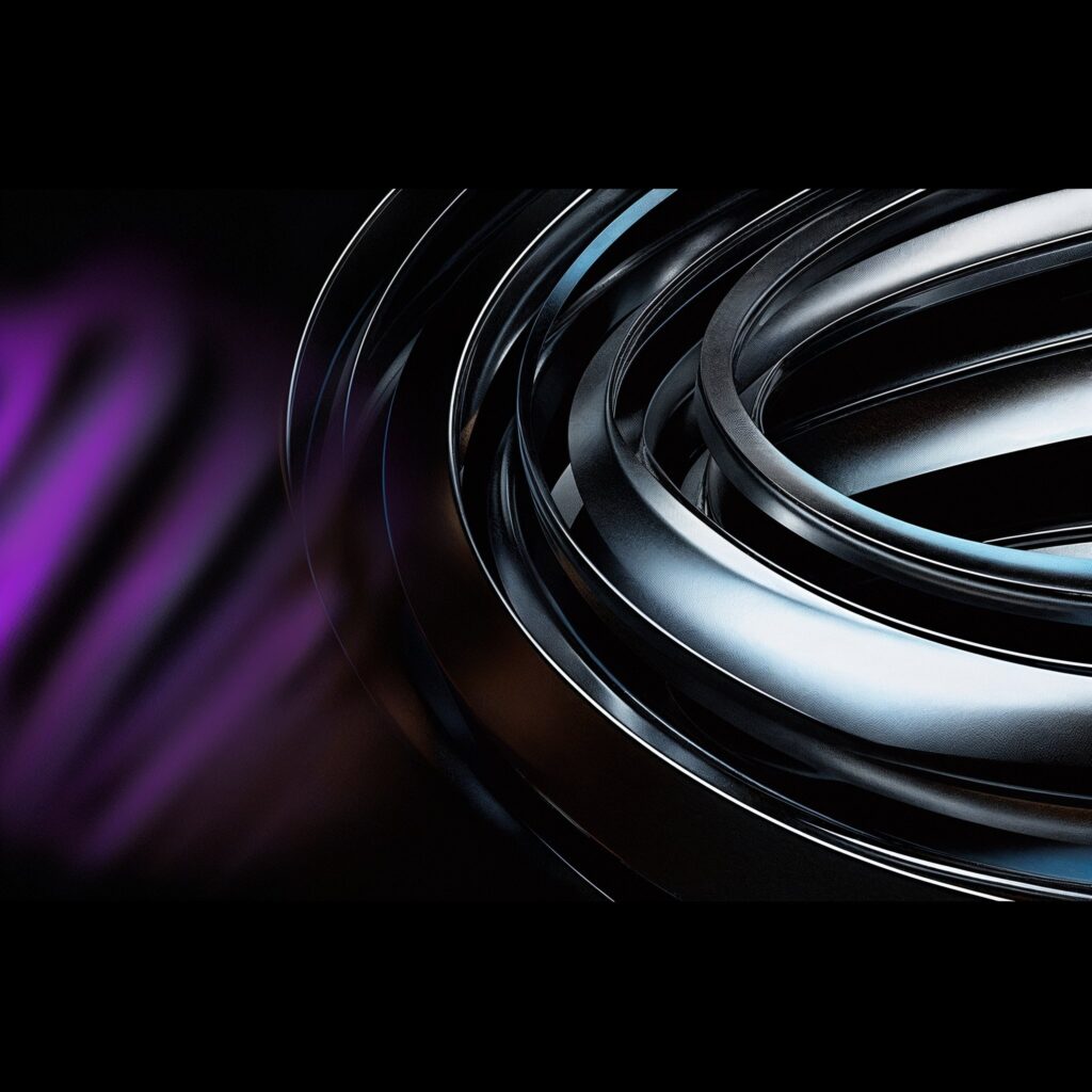 A close-up of sleek metallic coils with a reflective surface, highlighted by a subtle purple neon glow to the side, suggesting a fusion of technology and design.